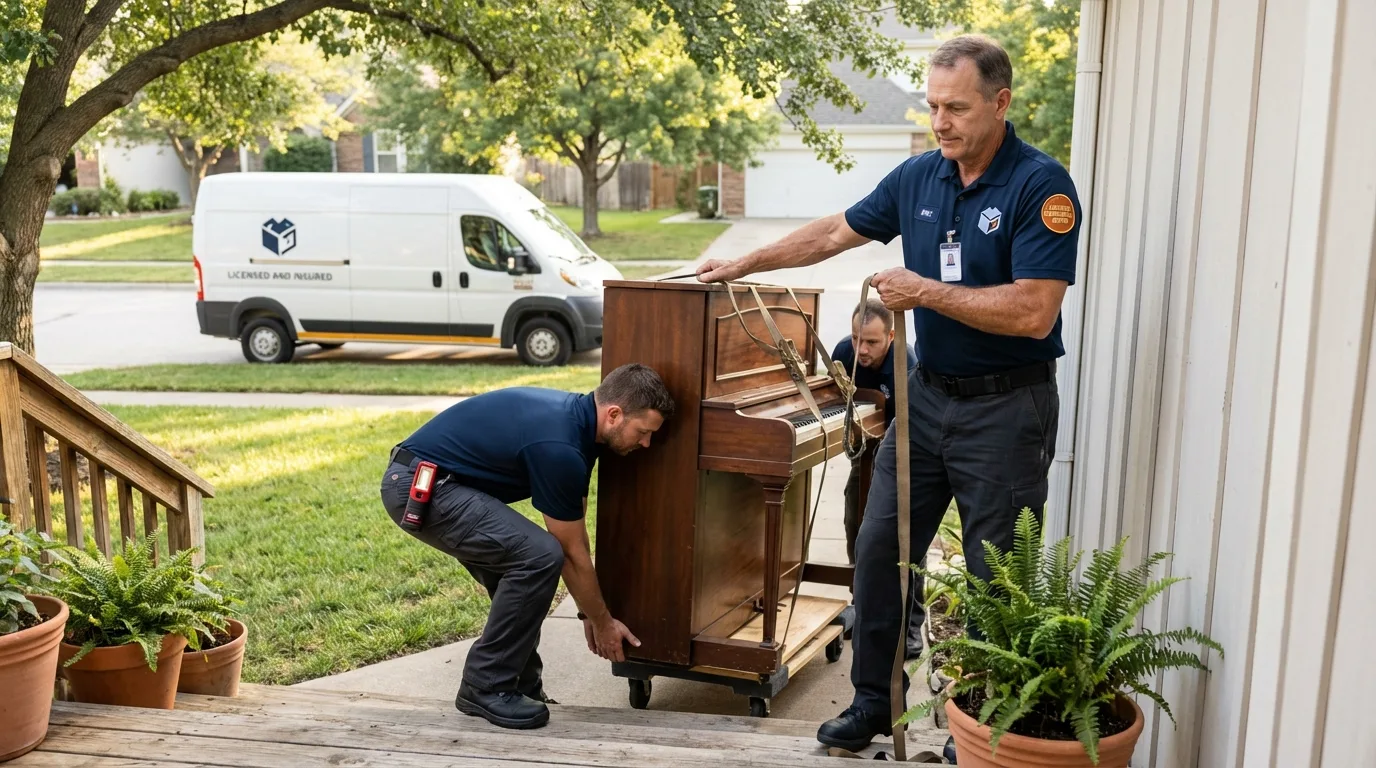 Licensed piano movers securing grand piano in Marshall, MN