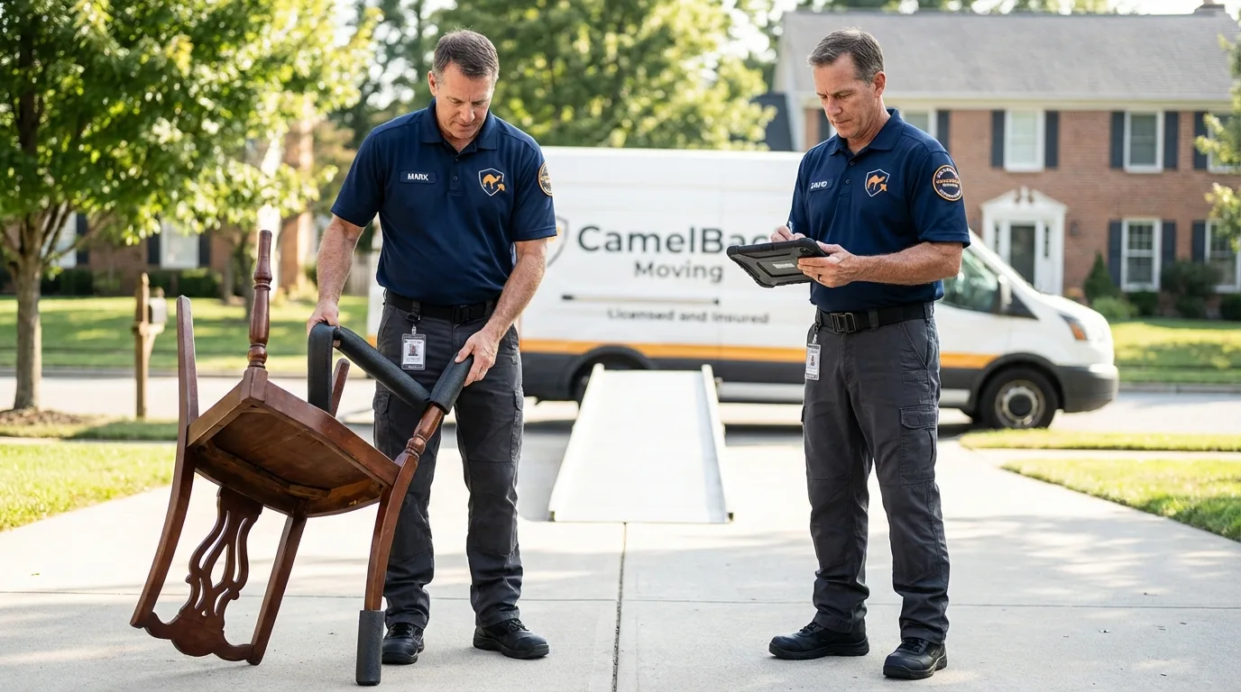 Movers inspecting furniture for damage prevention before loading in Marshall, MN