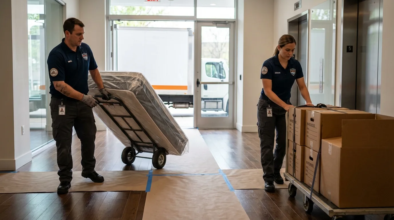 Professional apartment movers loading elevator in Marshall, MN
